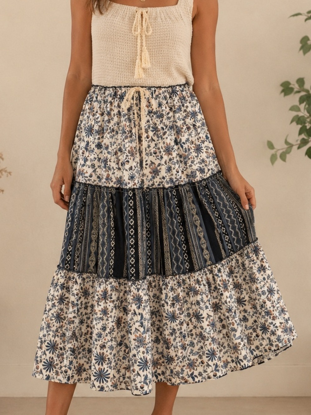 POL Tiered Boho Maxi Skirt in Blue and Cream